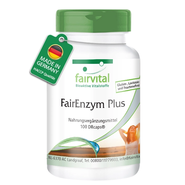 FairEnzym Plus - 100 DRcaps® - Schluckfreundlich - Multi Enzym Komplex - mit Rutosid, Bromelain, Trypsin & Chymotrypsin - hochdosiert | Fairvital